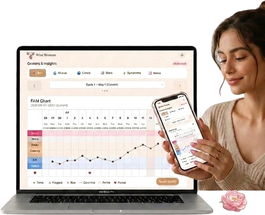 A woman charting her cycle in the Fertility Awareness app on her laptop, with her phone beside her